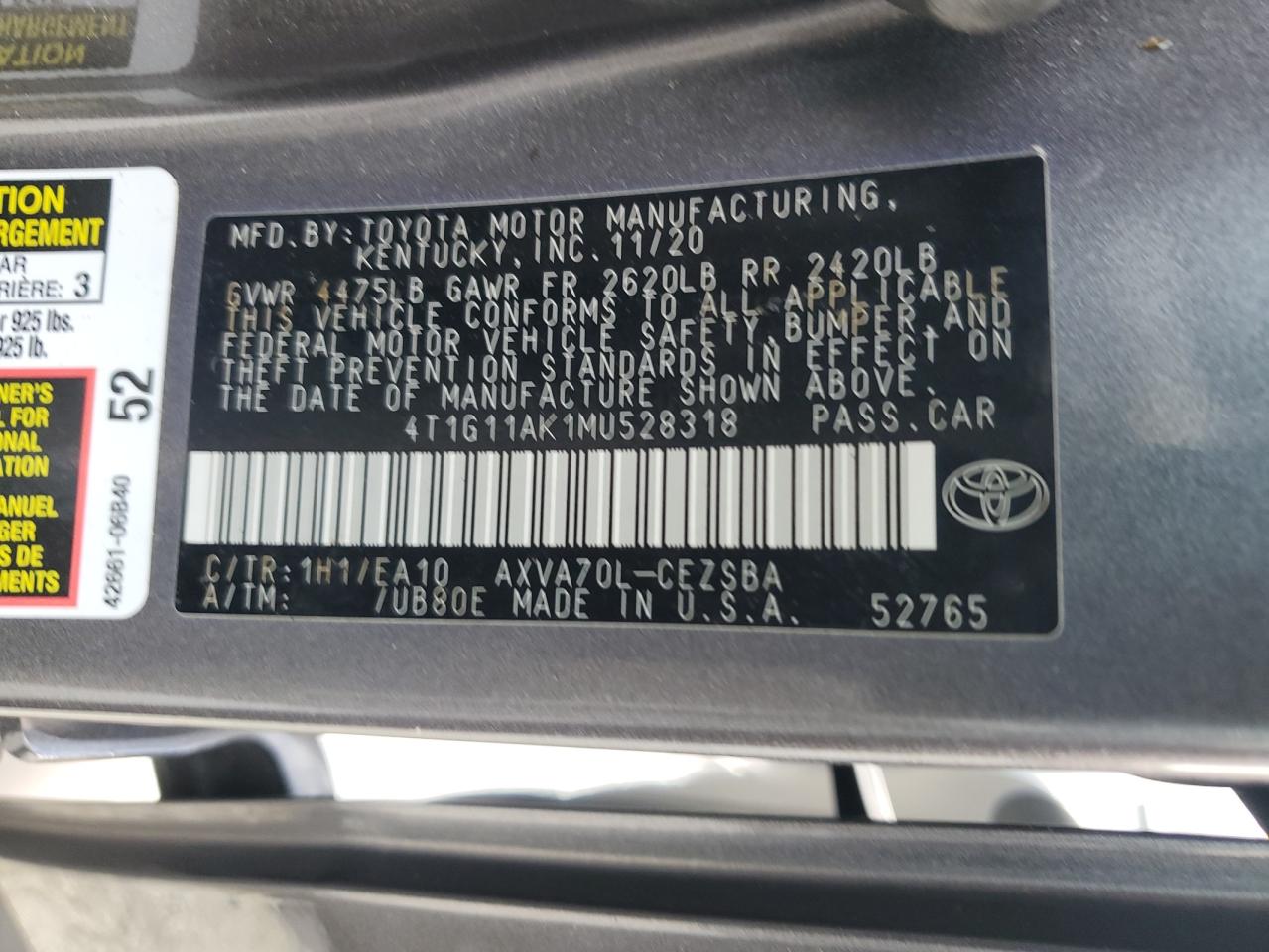 2021 Toyota Camry Se VIN: 4T1G11AK1MU528318 Lot: 64781905