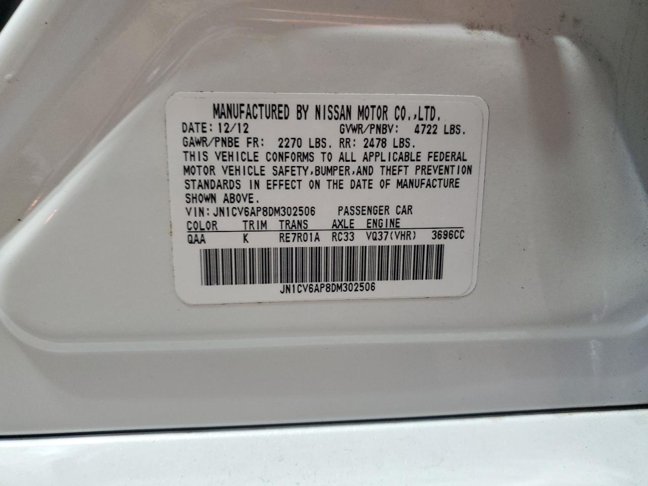 2013 Infiniti G37 Base VIN: JN1CV6AP8DM302506 Lot: 65362475