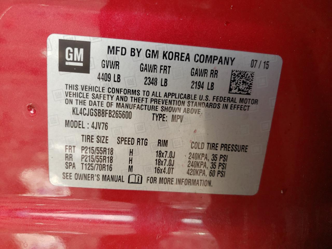 2015 Buick Encore VIN: KL4CJGSB8FB265600 Lot: 63793635