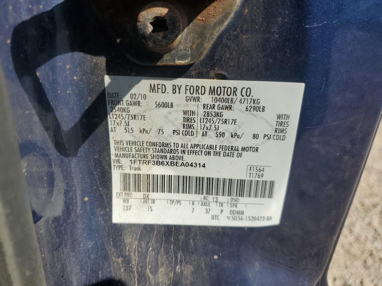 2011 Ford F350 Super Duty VIN: 1FTRF3B6XBEA04314 Lot: 70124555