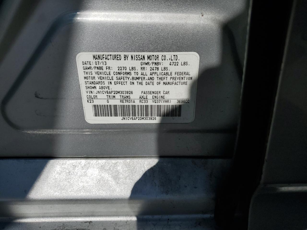 2013 Infiniti G37 Base VIN: JN1CV6AP2DM303926 Lot: 65050135