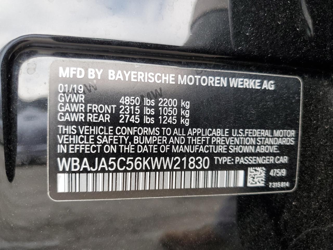 2019 BMW 530 I VIN: WBAJA5C56KWW21830 Lot: 63141415