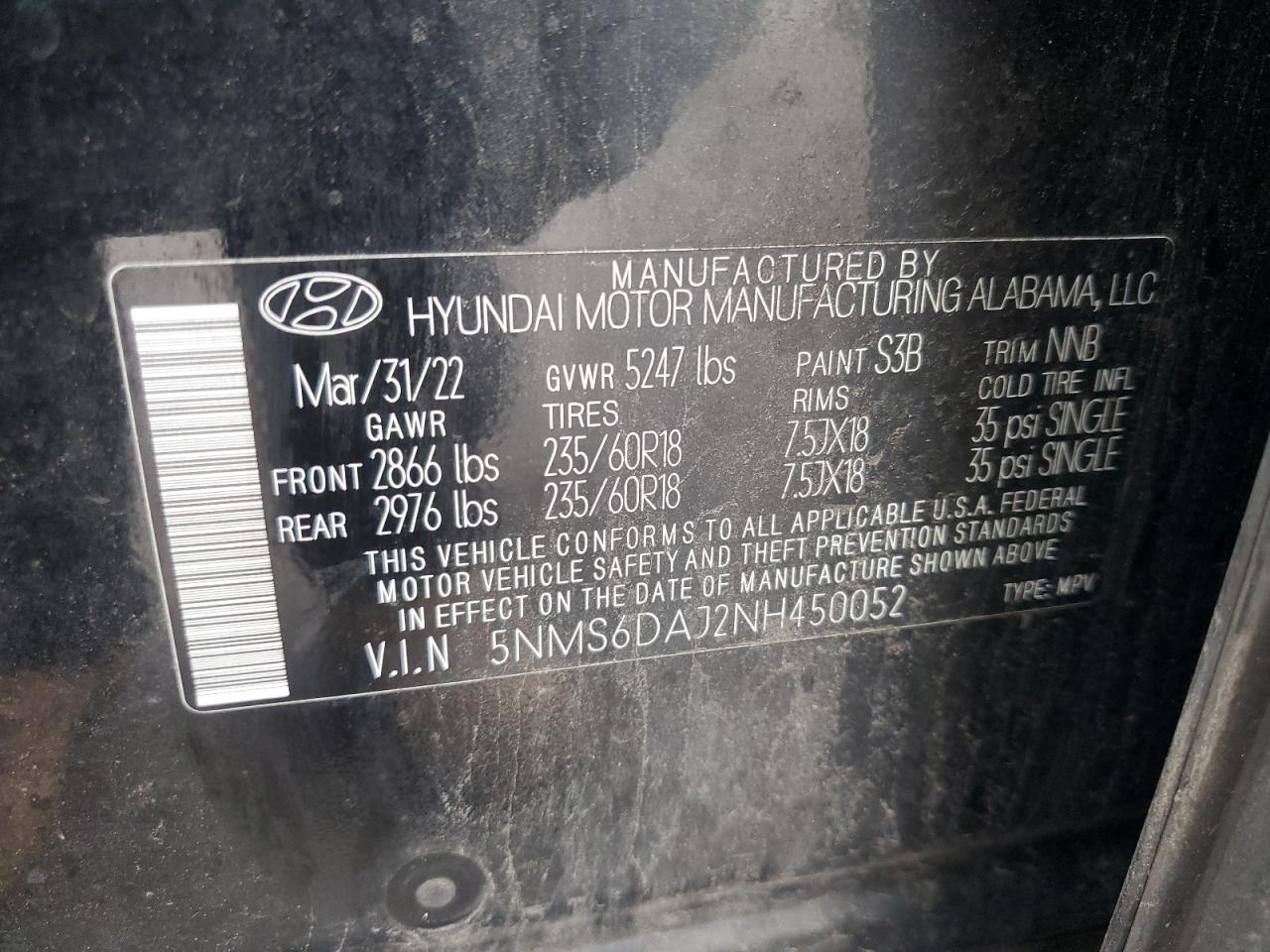 2022 Hyundai Santa Fe Sel VIN: 5NMS6DAJ2NH450052 Lot: 62530705