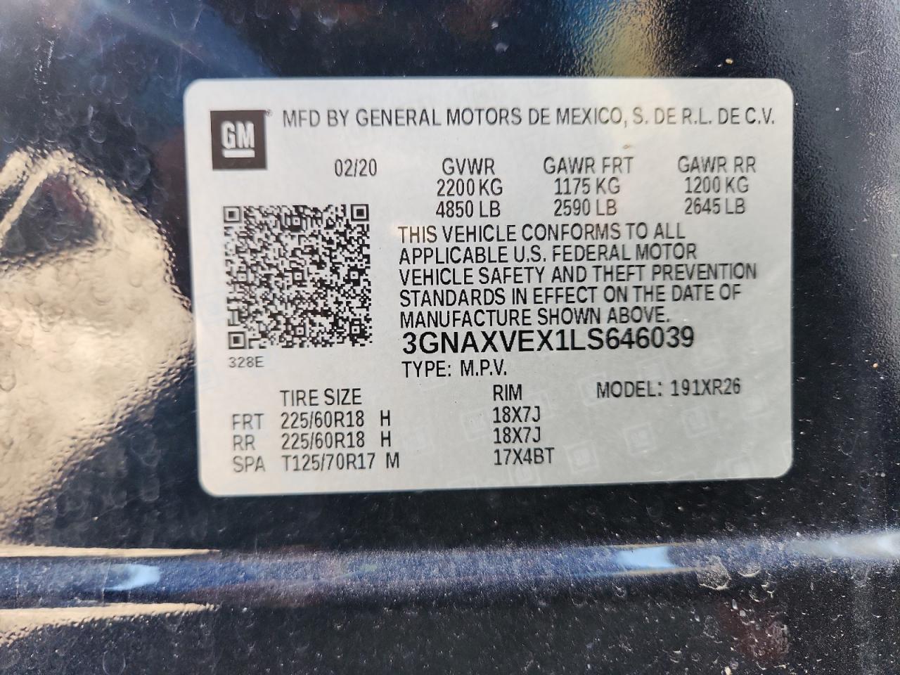 2020 Chevrolet Equinox Lt VIN: 3GNAXVEX1LS646039 Lot: 63153465
