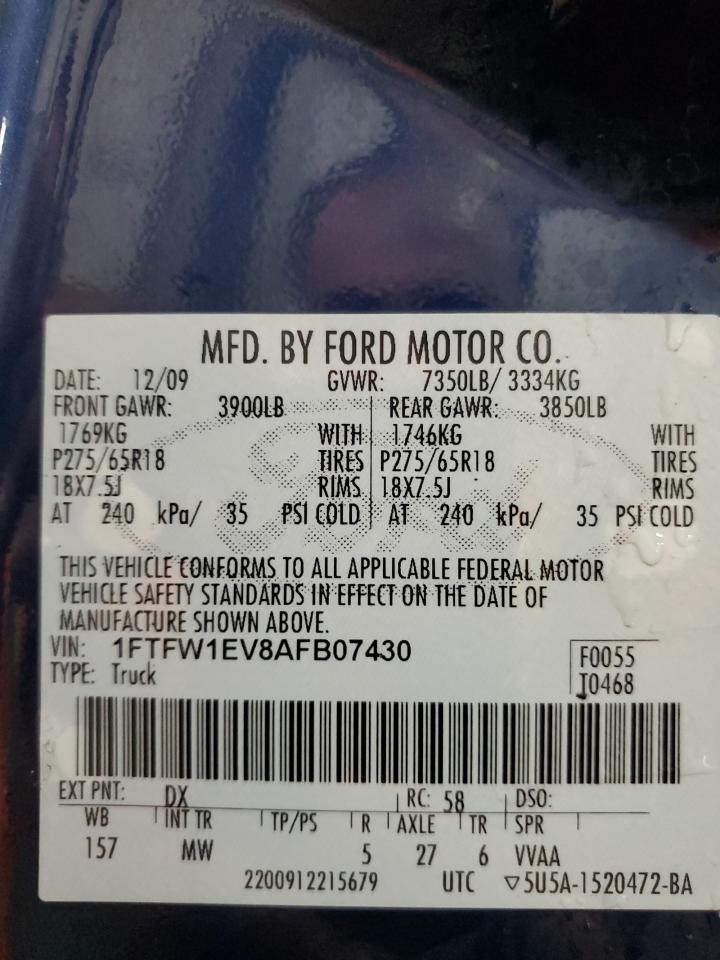 2010 Ford F150 Supercrew VIN: 1FTFW1EV8AFB07430 Lot: 65163055