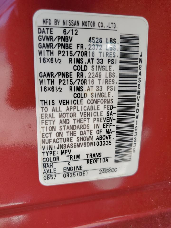 2013 Nissan Rogue S VIN: JN8AS5MV6DW103335 Lot: 65210835