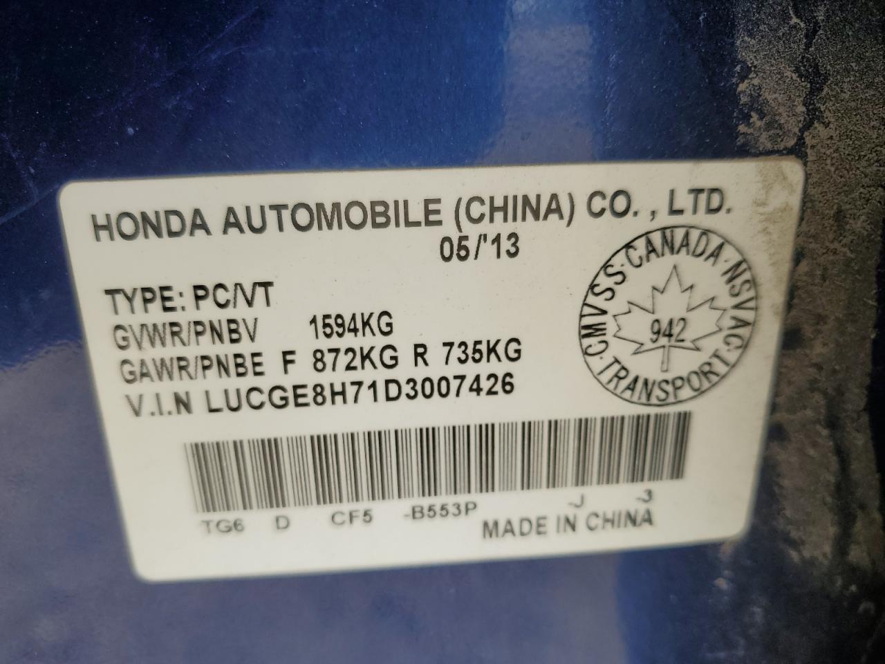 2013 Honda Fit Sport VIN: LUCGE8H71D3007426 Lot: 64850125