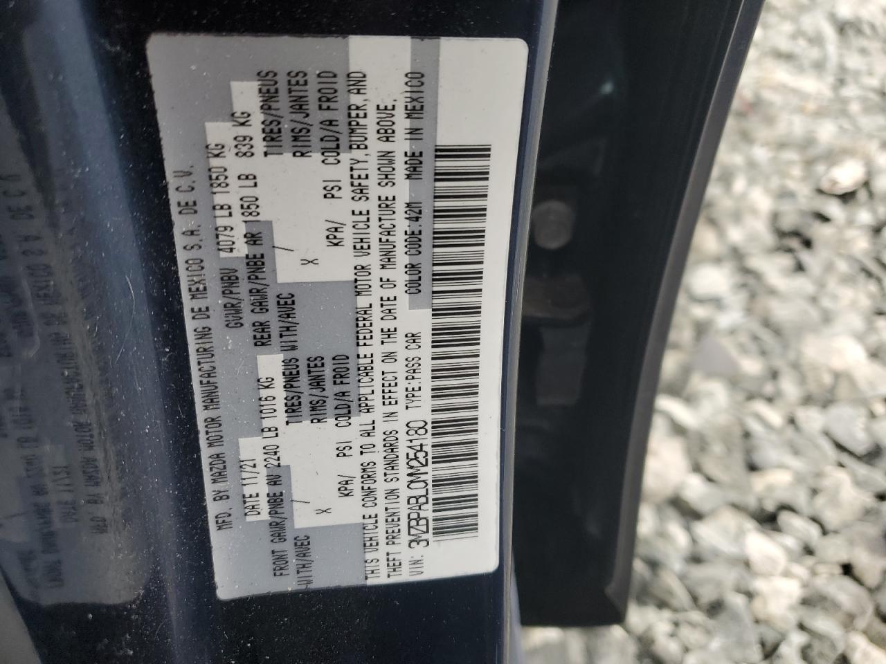 2021 Mazda 3 Select VIN: 3MZBPABL0MM254180 Lot: 66508095