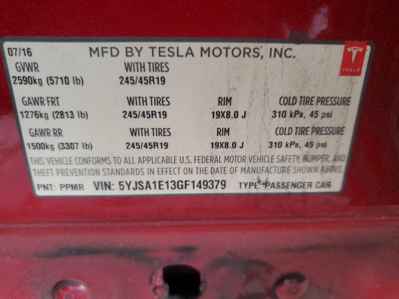 2016 Tesla Model S VIN: 5YJSA1E13GF149379 Lot: 62726545