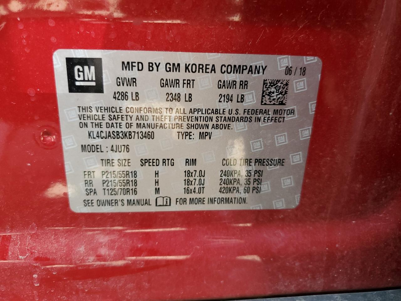 2019 Buick Encore Preferred VIN: KL4CJASB3KB713460 Lot: 63409315