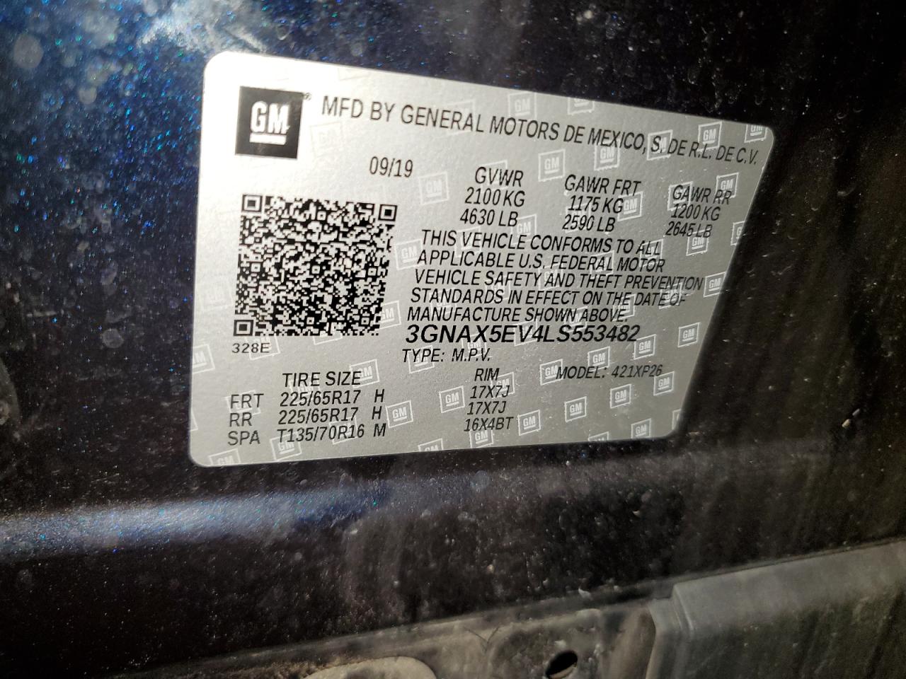 2020 Chevrolet Equinox VIN: 3GNAX5EV4LS553482 Lot: 62360465