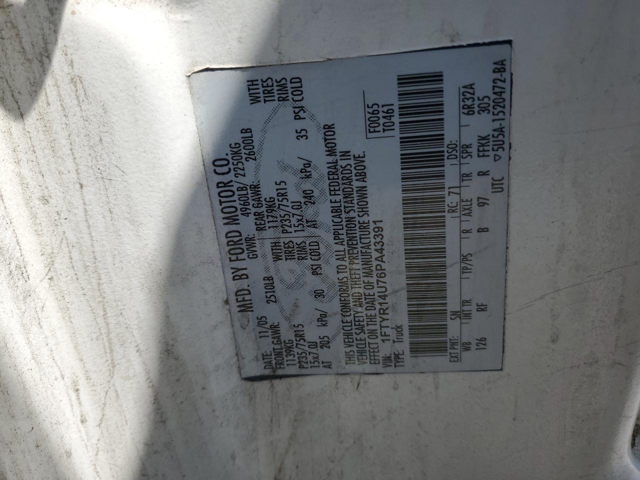 2006 Ford Ranger Super Cab VIN: 1FTYR14U76PA43391 Lot: 60160645