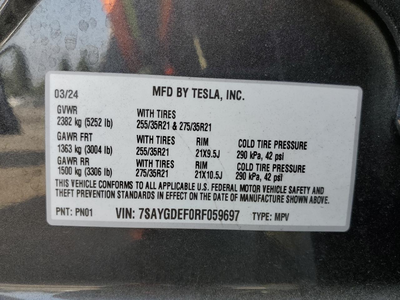 2024 Tesla Model Y VIN: 7SAYGDEF0RF059697 Lot: 64595455