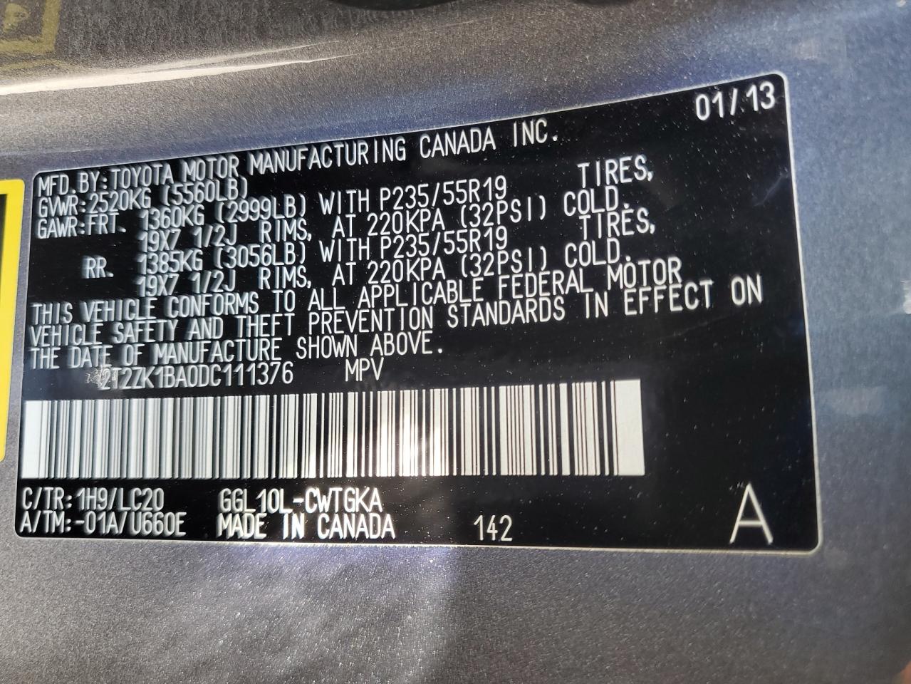 2013 Lexus Rx 350 VIN: 2T2ZK1BA0DC111376 Lot: 63836945