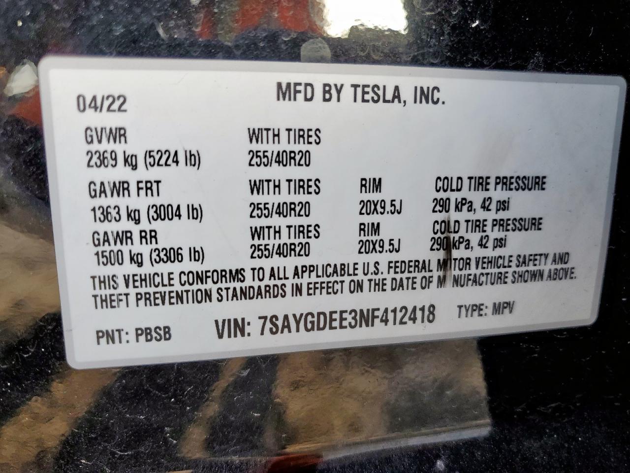 2022 Tesla Model Y VIN: 7SAYGDEE3NF412418 Lot: 65690555