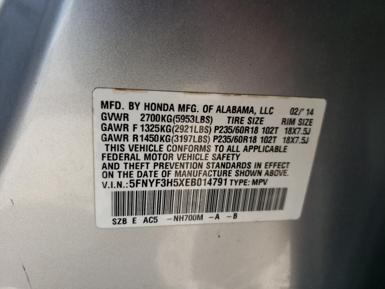 2014 Honda Pilot Exl VIN: 5FNYF3H5XEB014791 Lot: 64097925