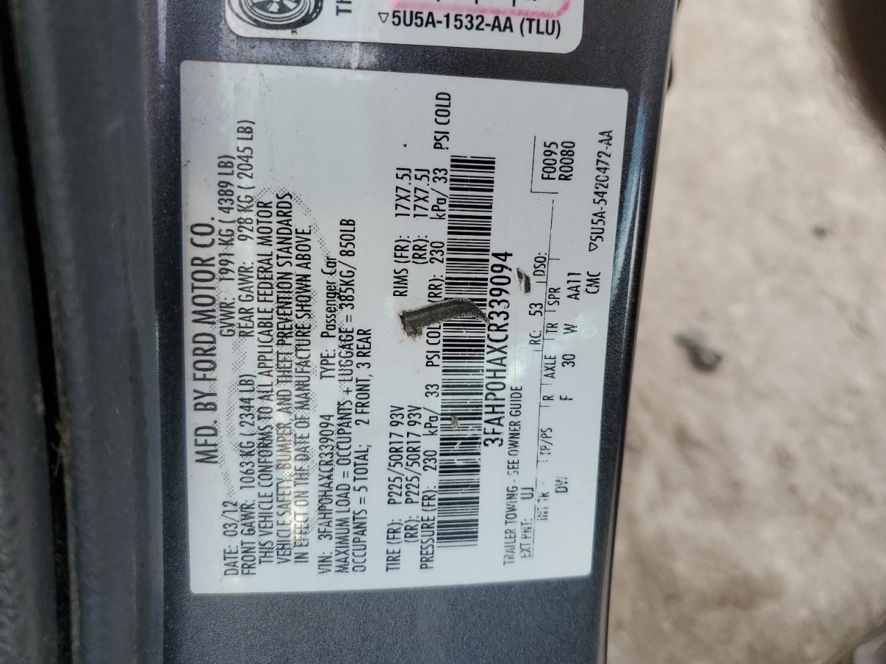 2012 Ford Fusion Se VIN: 3FAHP0HAXCR339094 Lot: 64857785