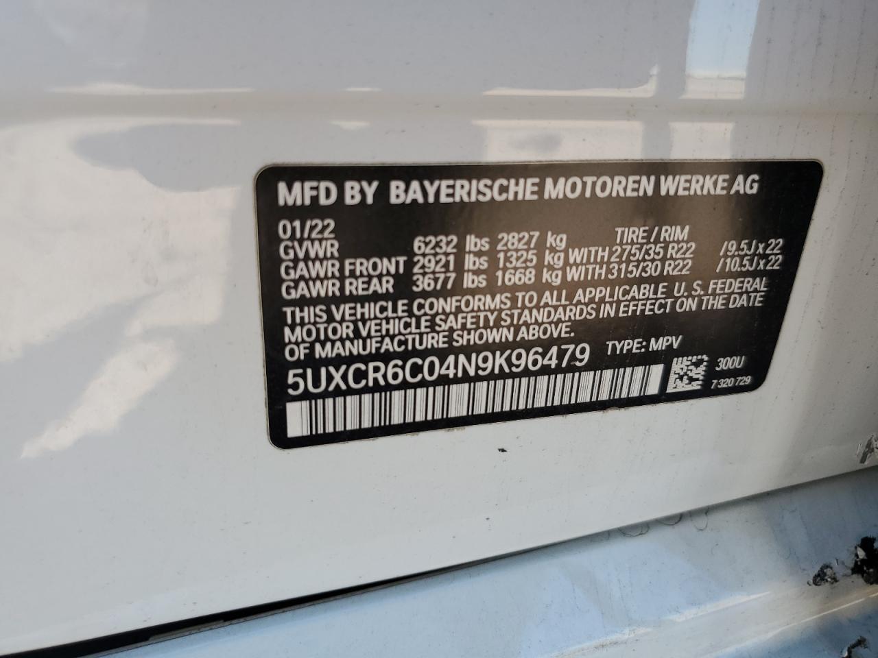 2022 BMW X5 xDrive40I VIN: 5UXCR6C04N9K96479 Lot: 62787605