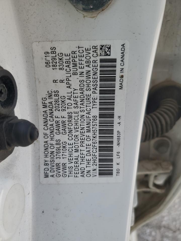 2019 Honda Civic Lx VIN: 2HGFC2F67KH575768 Lot: 65592045