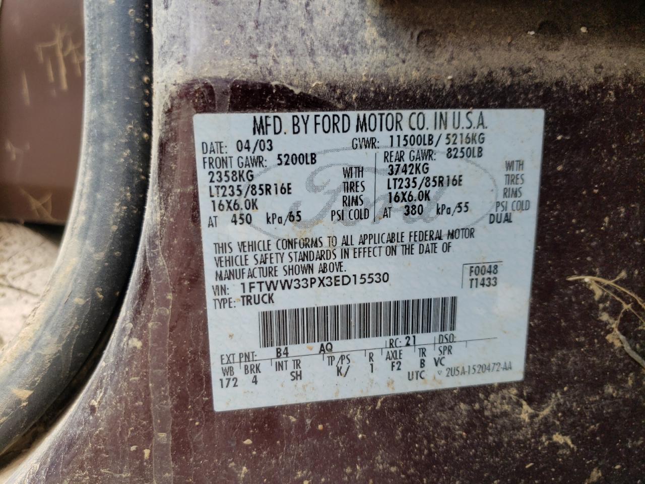 2003 Ford F350 Super Duty VIN: 1FTWW33PX3ED15530 Lot: 63013185