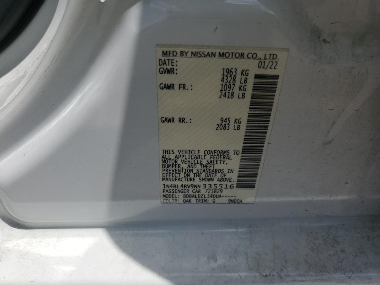 2022 Nissan Altima S VIN: 1N4BL4BV9NN335516 Lot: 64440625