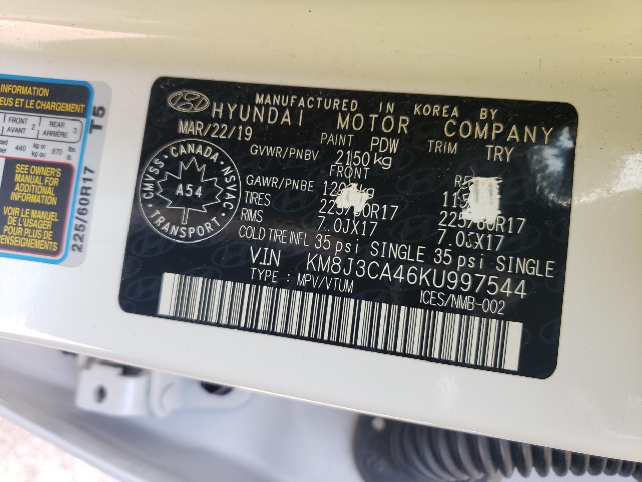 2019 Hyundai Tucson Limited VIN: KM8J3CA46KU997544 Lot: 66609235