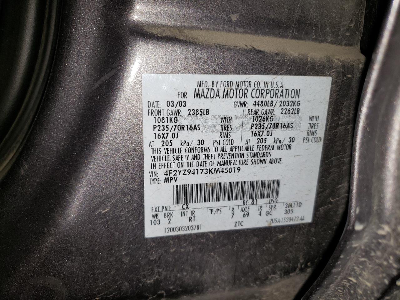 2003 Mazda Tribute Lx VIN: 4F2YZ94173KM45019 Lot: 65334765