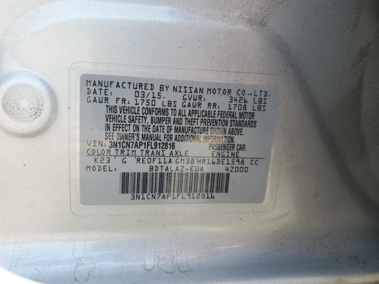 2015 Nissan Versa S VIN: 3N1CN7AP1FL912816 Lot: 65387375