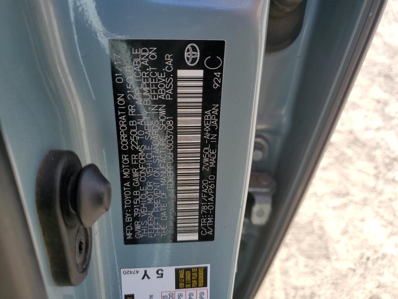 2017 Toyota Prius VIN: JTDKBRFU6H3037081 Lot: 63868805