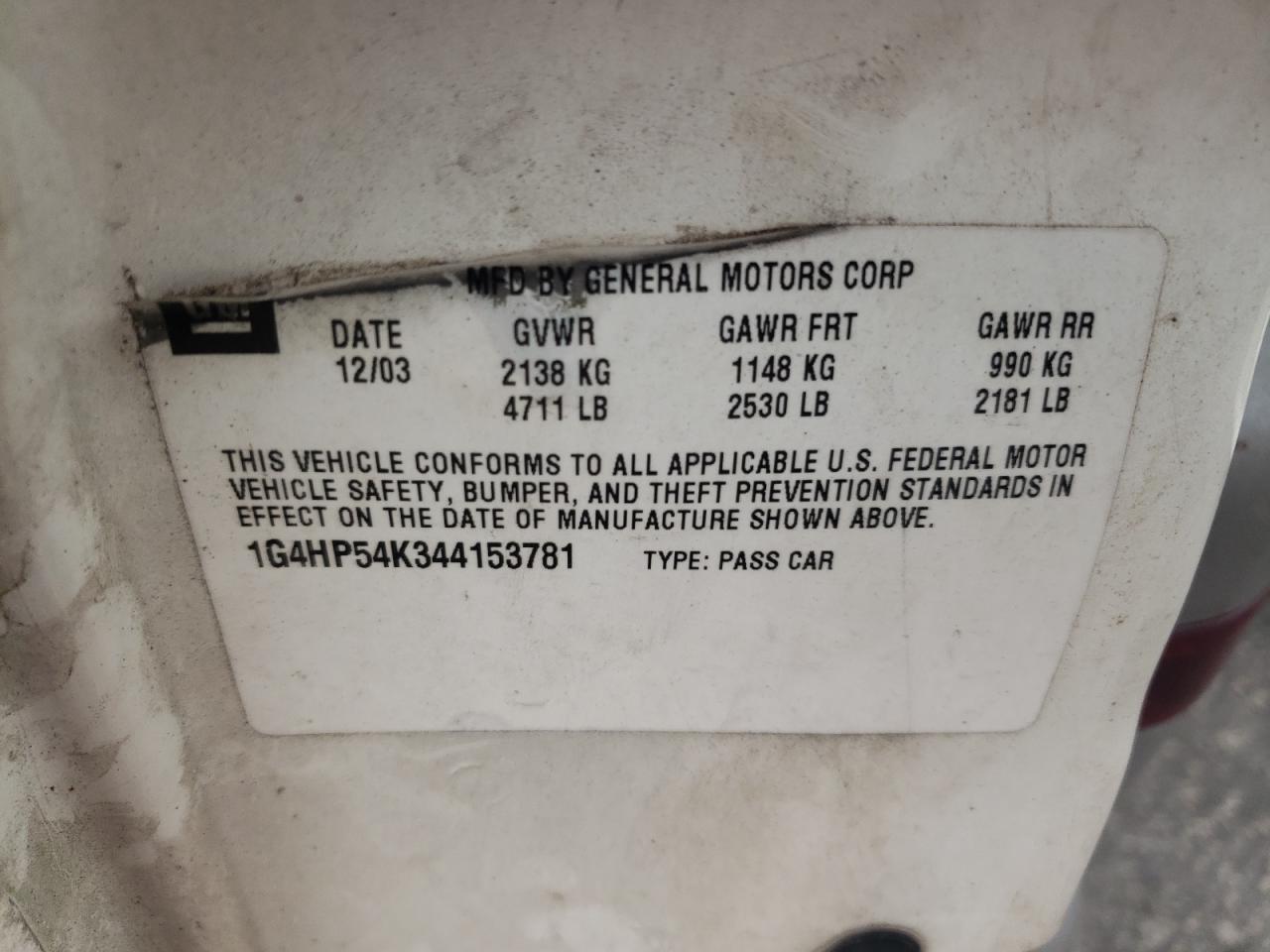 2004 Buick Lesabre Custom VIN: 1G4HP54K344153781 Lot: 64587885