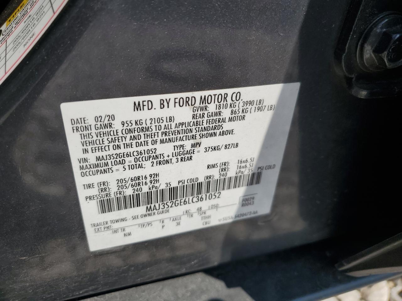 2020 Ford Ecosport Se VIN: MAJ3S2GE6LC361052 Lot: 64409315