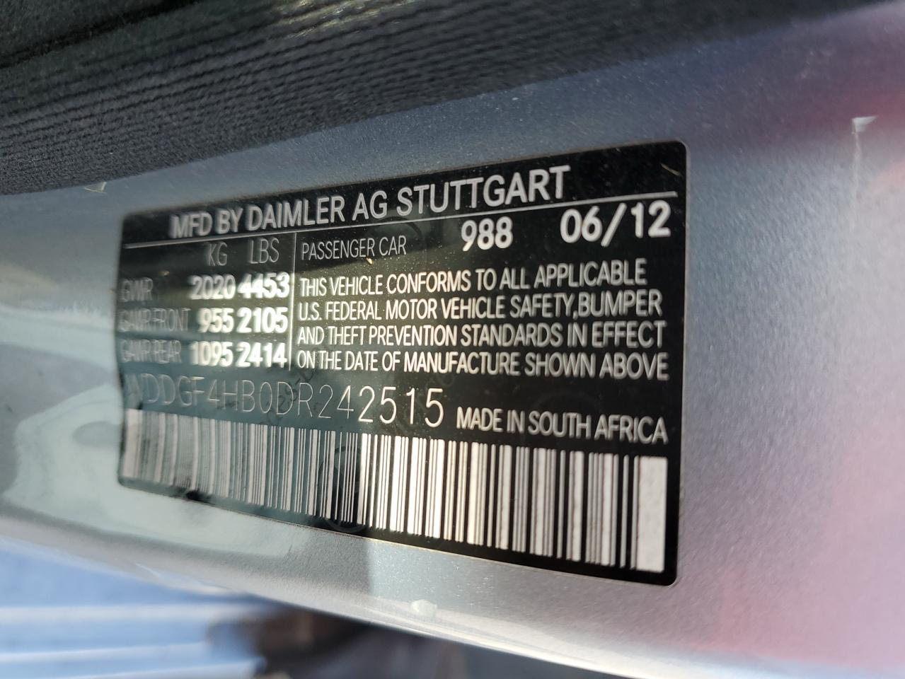 2013 Mercedes-Benz C 250 VIN: WDDGF4HB0DR242515 Lot: 64631035