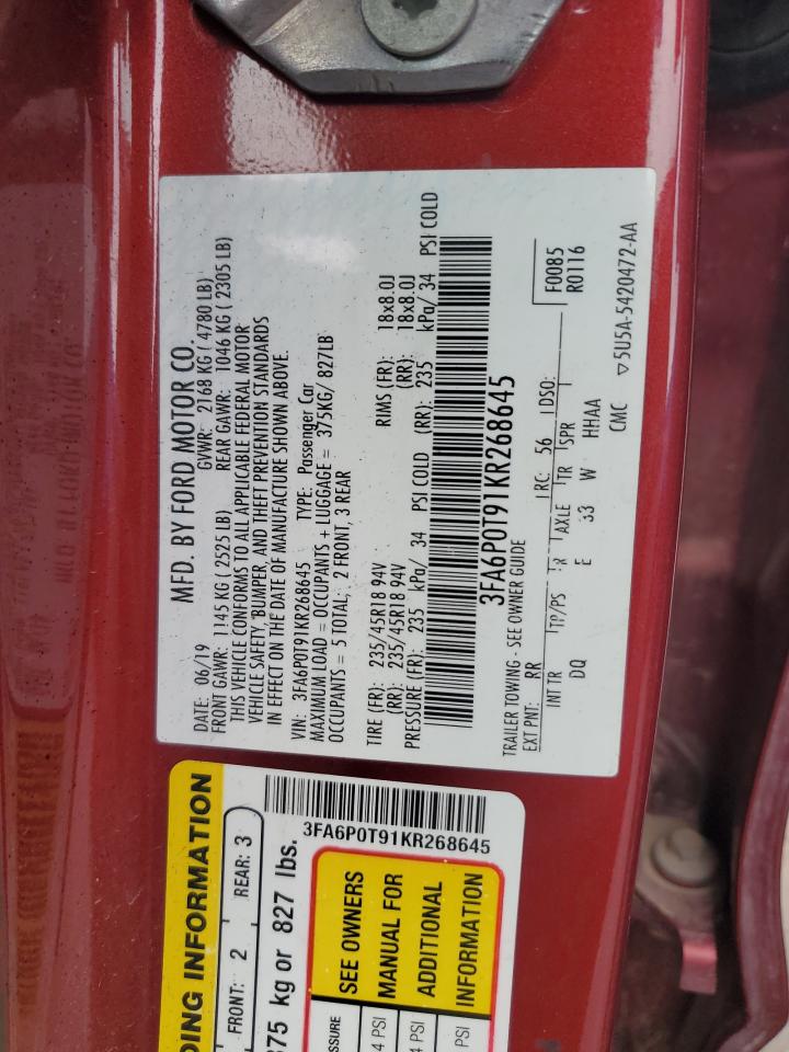 2019 Ford Fusion Se VIN: 3FA6P0T91KR268645 Lot: 66019465