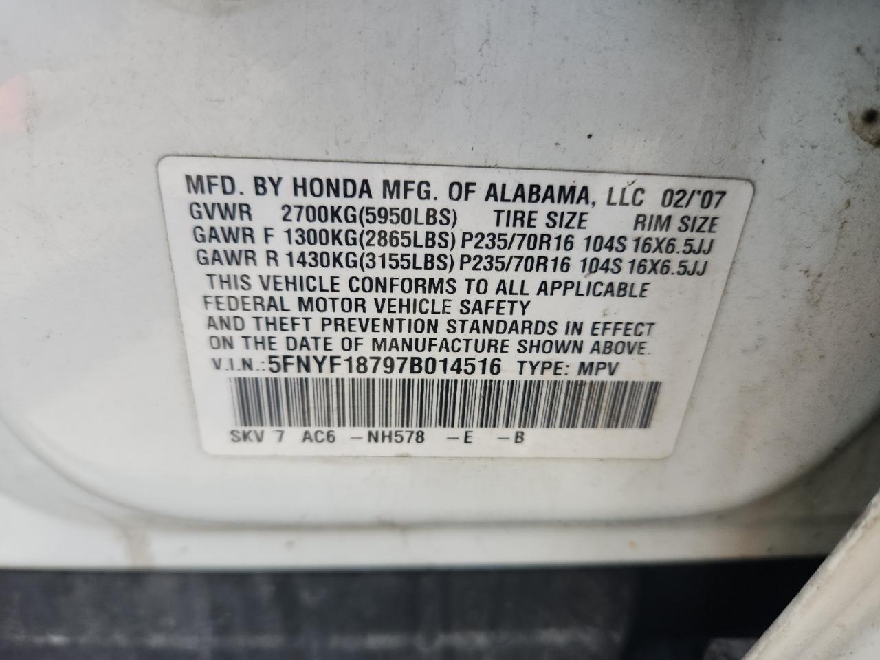 2007 Honda Pilot Exl VIN: 5FNYF18797B014516 Lot: 63663245