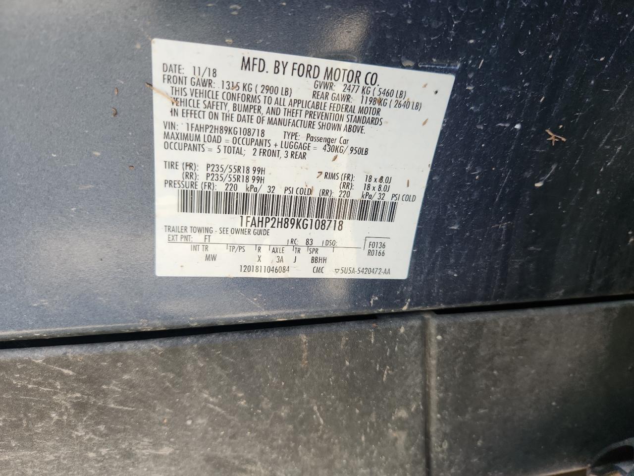 2019 Ford Taurus Sel VIN: 1FAHP2H89KG108718 Lot: 65181475