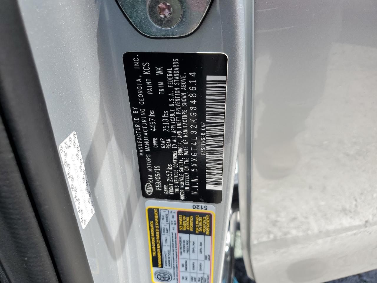 5xxgt4l32kg348614 5XXGT4L32KG348614 2019 Kia Optima Lx