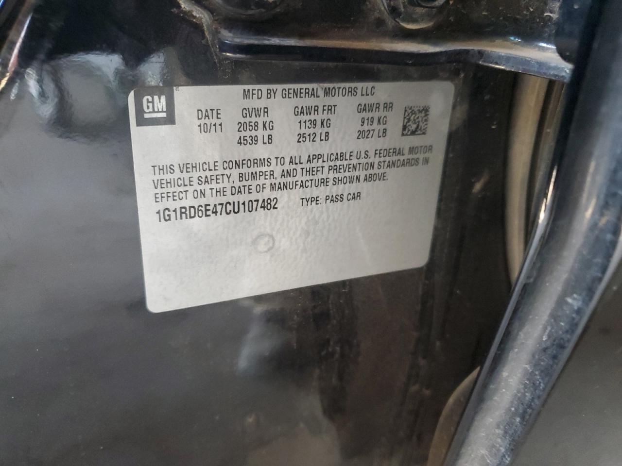 2012 Chevrolet Volt VIN: 1G1RD6E47CU107482 Lot: 64440635