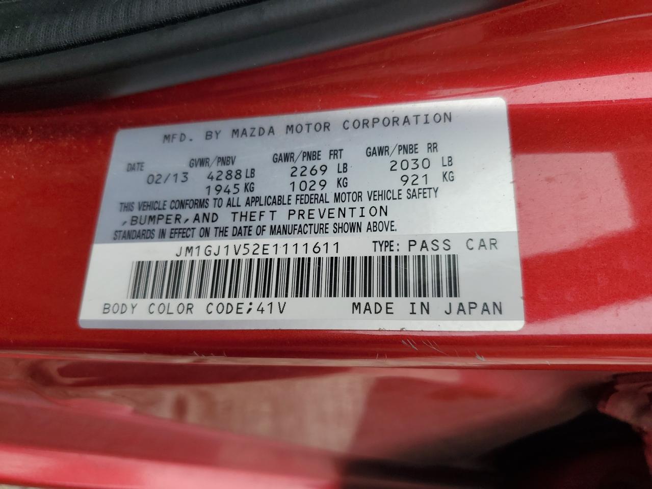 2014 Mazda 6 Touring VIN: JM1GJ1V52E1111611 Lot: 64118315