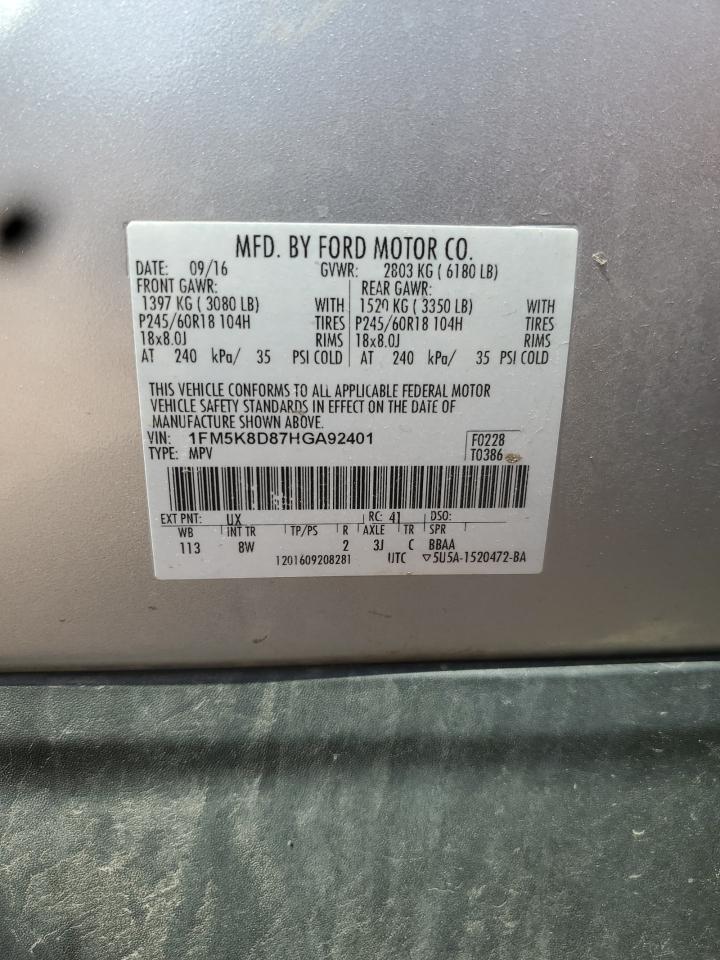 2017 Ford Explorer Xlt VIN: 1FM5K8D87HGA92401 Lot: 63011155