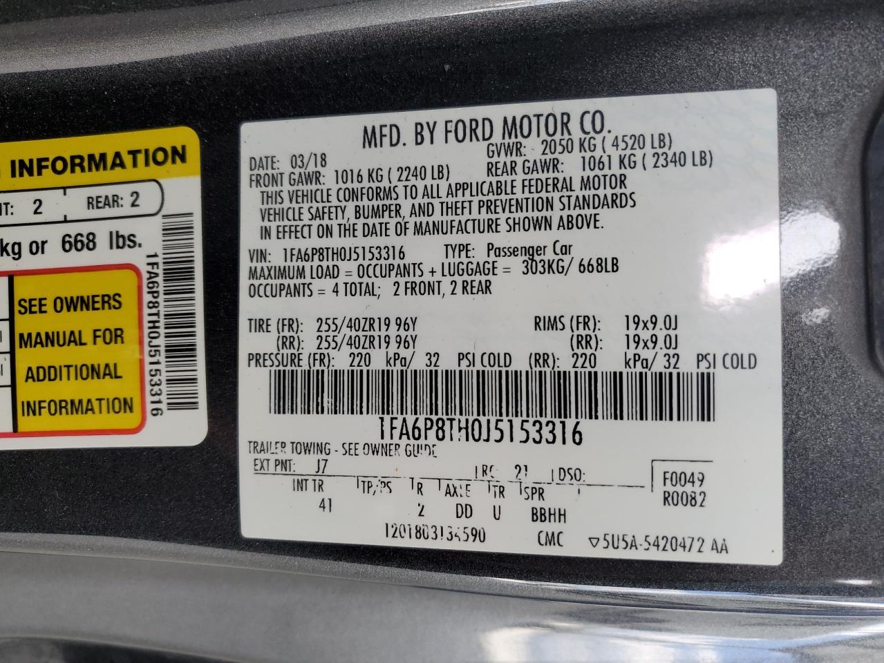 2018 Ford Mustang VIN: 1FA6P8TH0J5153316 Lot: 64819985