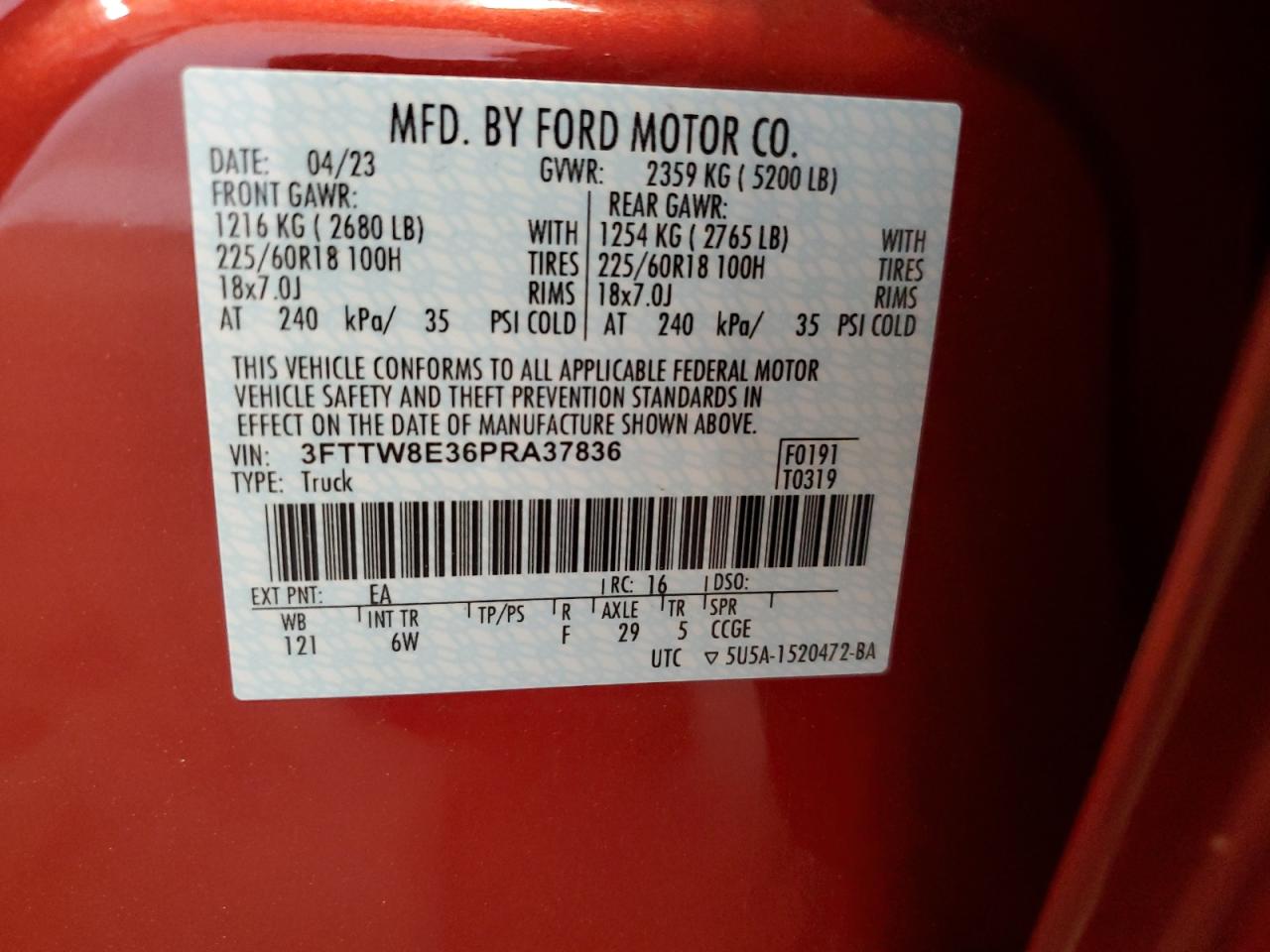 2023 Ford Maverick Xl VIN: 3FTTW8E36PRA37836 Lot: 63379415