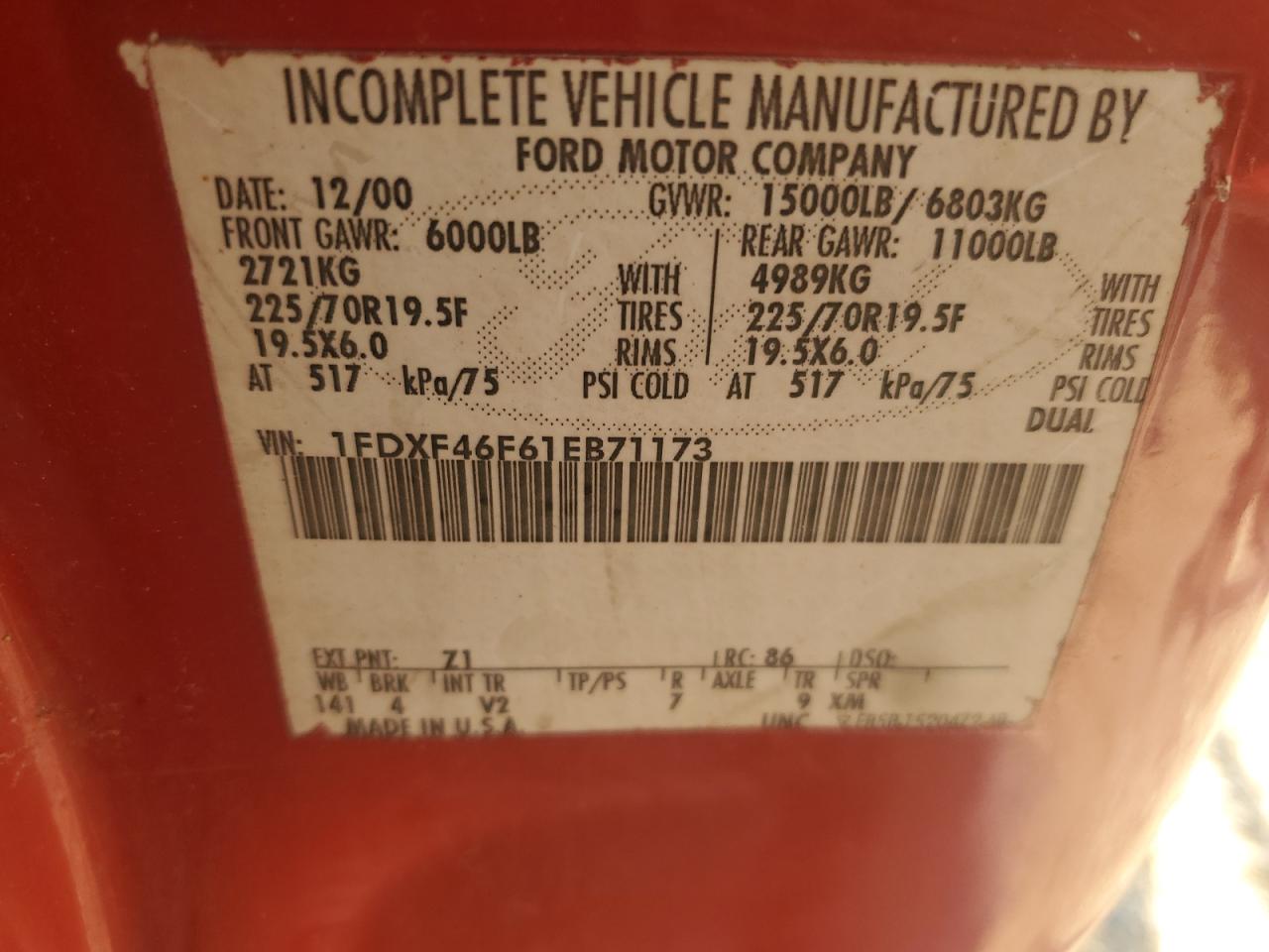 2001 Ford F450 Super Duty VIN: 1FDXF46F61EB71173 Lot: 62809075