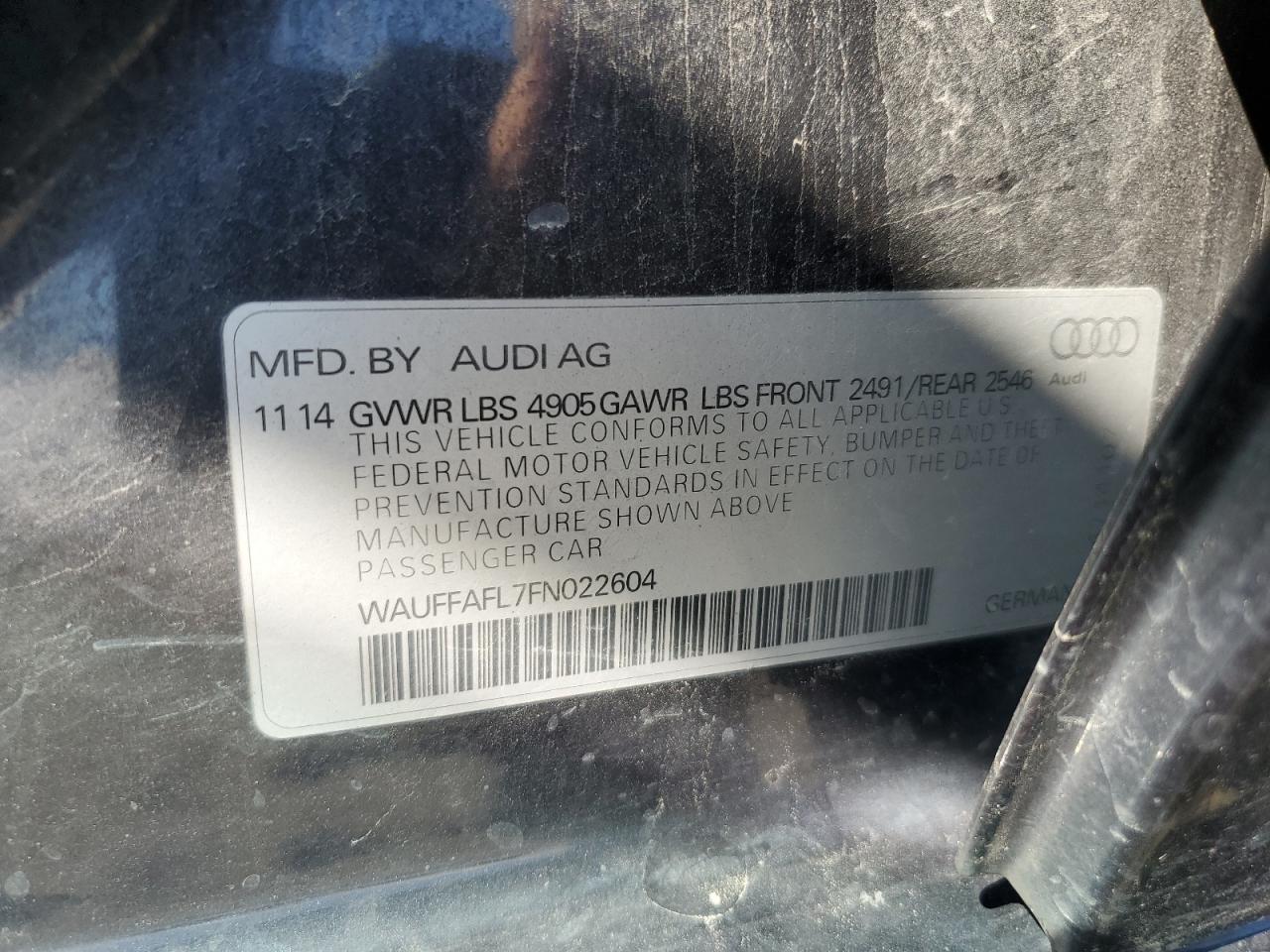 2015 Audi A4 Premium Plus VIN: WAUFFAFL7FN022604 Lot: 65005725