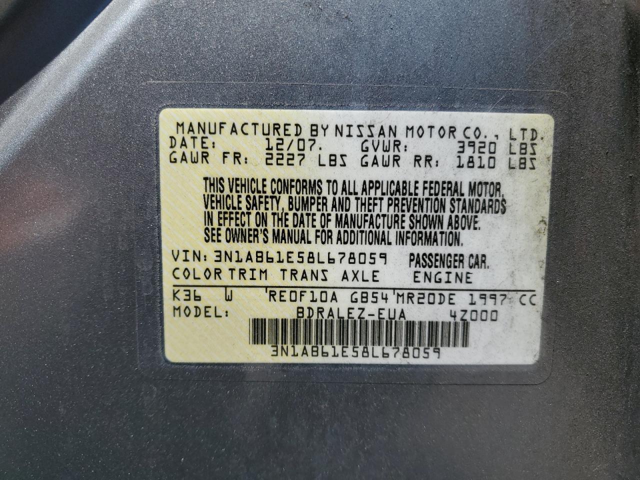 2008 Nissan Sentra 2.0 VIN: 3N1AB61E58L678059 Lot: 65014535