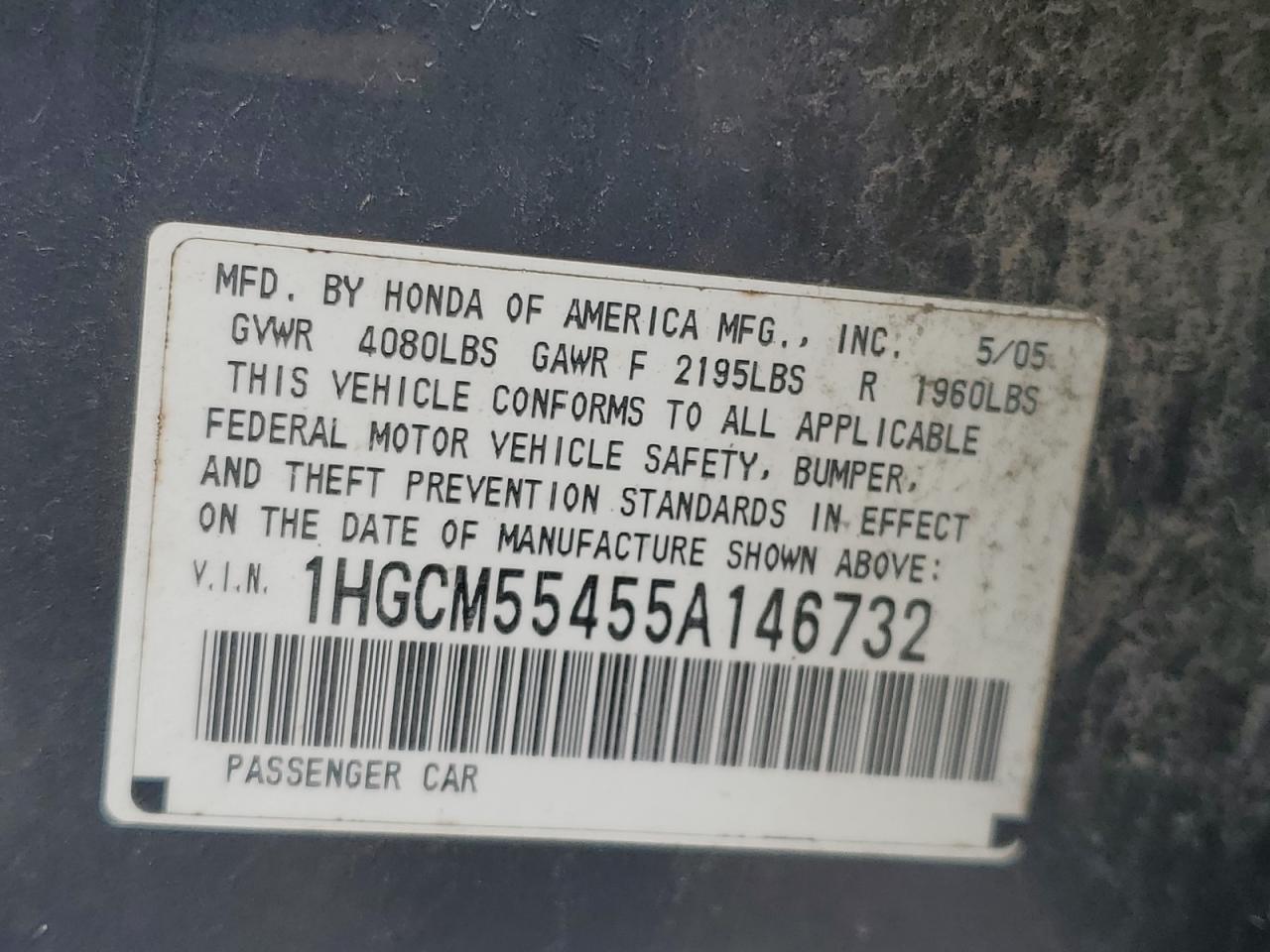 2005 Honda Accord Lx VIN: 1HGCM55455A146732 Lot: 63849115
