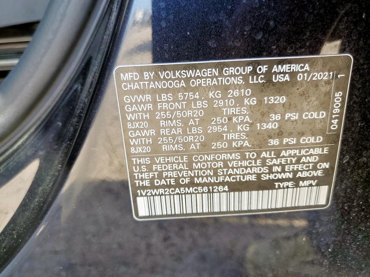 2021 Volkswagen Atlas Se VIN: 1V2WR2CA5MC561264 Lot: 65210395