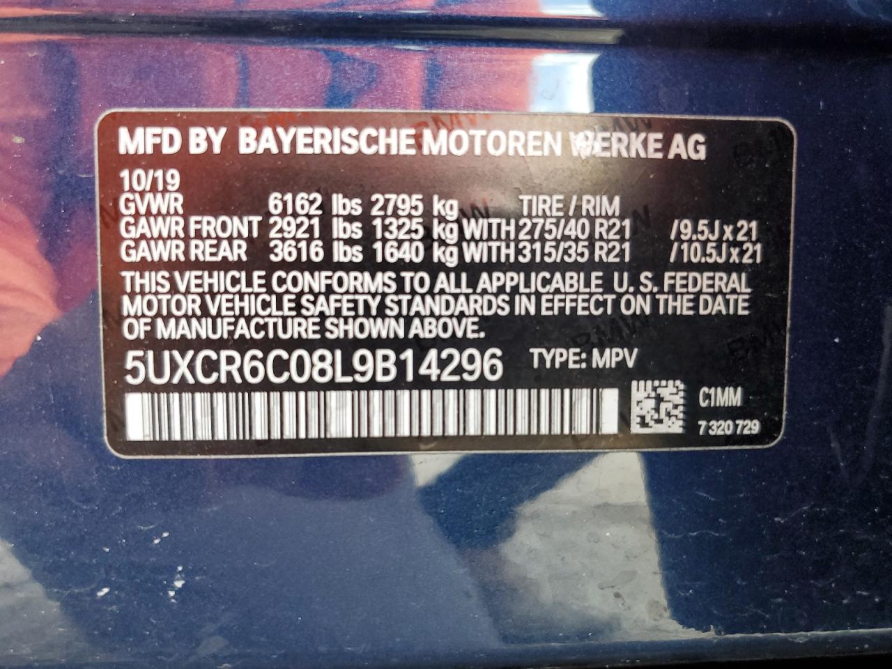 2020 BMW X5 xDrive40I VIN: 5UXCR6C08L9B14296 Lot: 65138005