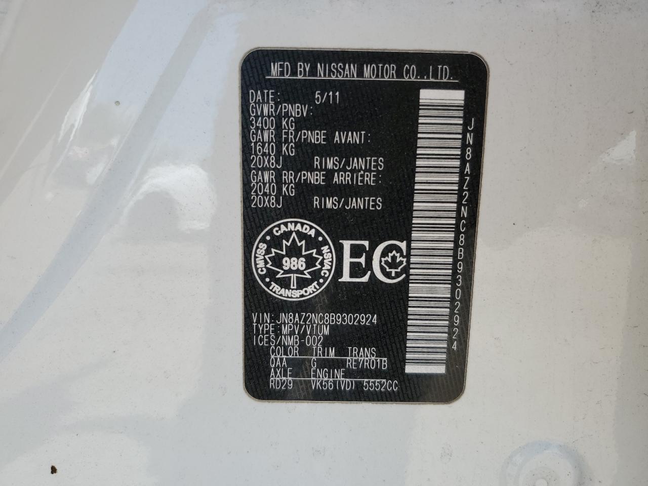 2011 Infiniti Qx56 VIN: JN8AZ2NC8B9302924 Lot: 62987565