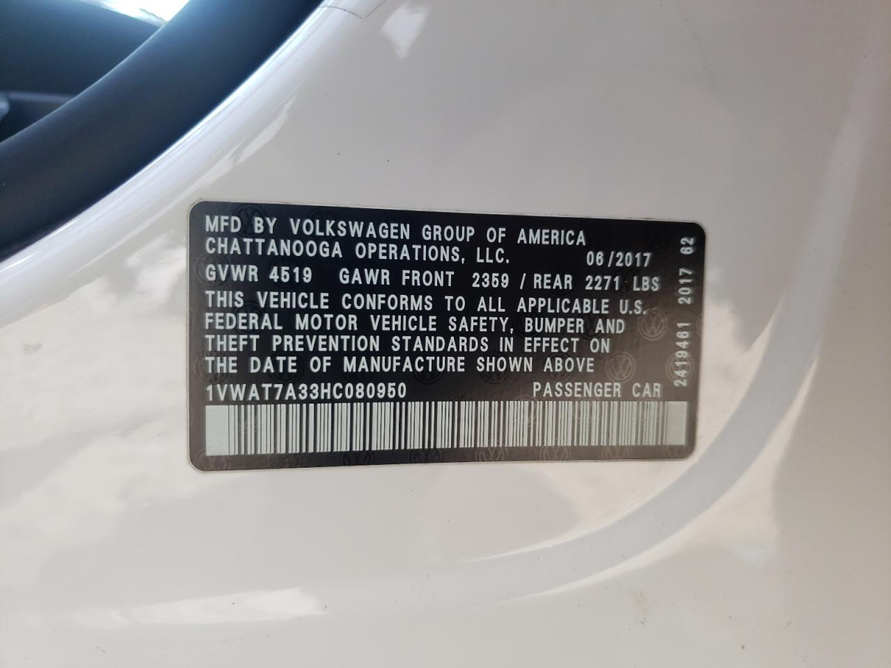 2017 Volkswagen Passat S VIN: 1VWAT7A33HC080950 Lot: 62013665