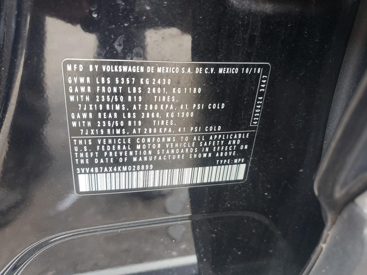 2019 Volkswagen Tiguan Sel Premium VIN: 3VV4B7AX4KM028899 Lot: 63579385